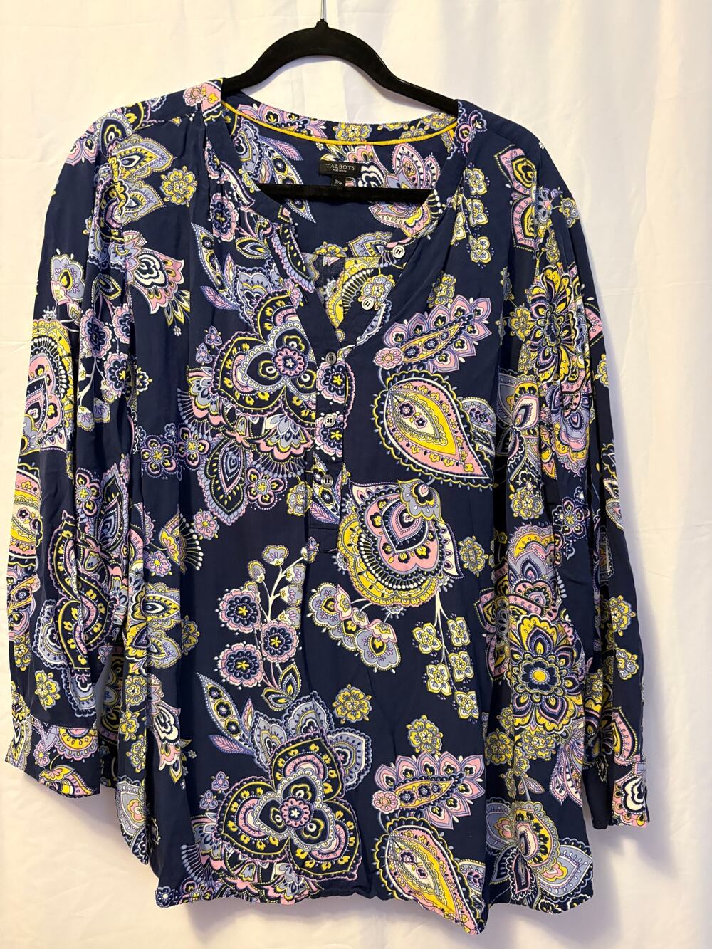 Talbots Tunic Blouse Top Blue Purple Paisley Floral Long Sleeve Sz 3XP
